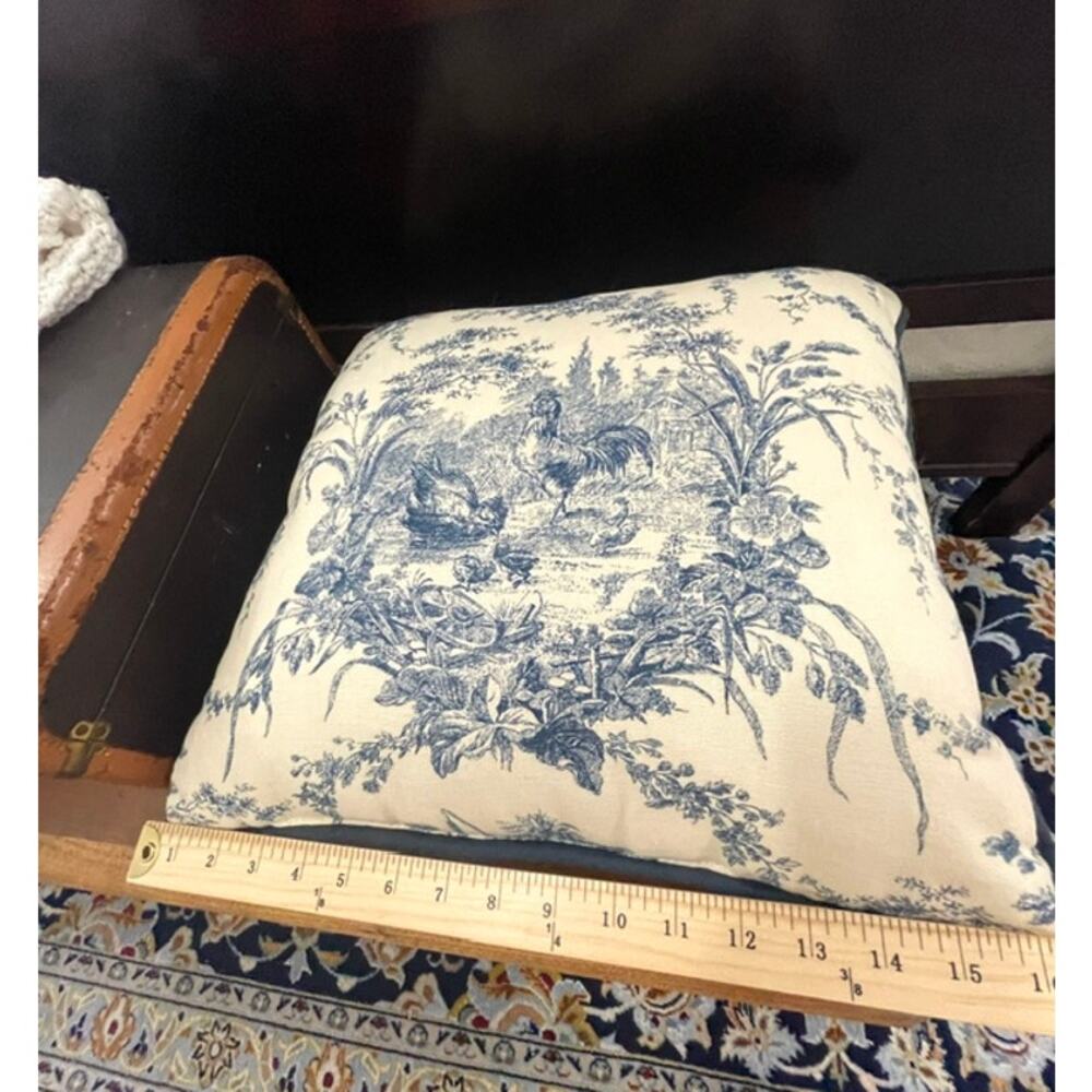 French Country Toile Rooster Farmhouse Accent Pillow Blue White 15x15 Cotton - Picture 4 of 7
